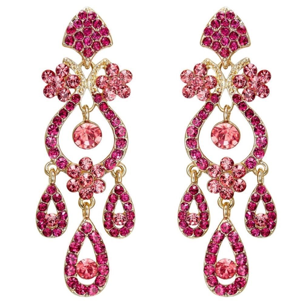 Yellow Gold with Raspberry Pink Austrian Crystal Flower Vase Chandelier Earrings